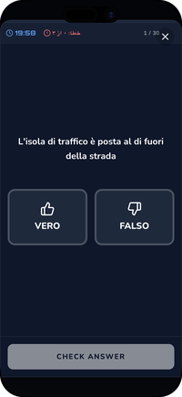 شبیه‌ساز آزمون Patente B در اپلیکیشن Driving Freedom: یک سوال Vero/Falso با زمان‌سنج و شمارنده‌ی اشتباه‌ها
