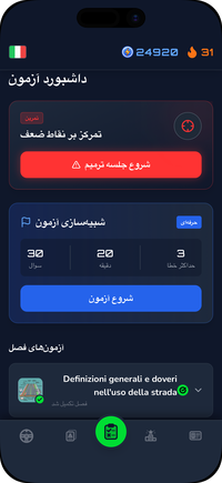 صفحه‌ی آزمون‌های Driving Freedom: تمرین نقاط ضعف، شبیه‌سازی آزمون Patente B و آزمون‌های هر فصل