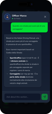 Officer Marco, il tutor AI di Driving Freedom, spiega una regola della Patente B e i termini del Codice della Strada