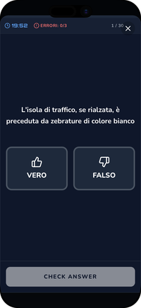 Simulatore d'esame della Patente B nell'app Driving Freedom: una domanda Vero/Falso con timer e contatore degli errori