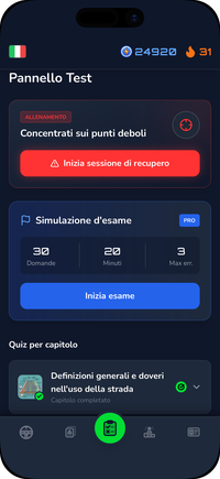 Pannello Test di Driving Freedom: ripasso dei punti deboli, la simulazione d'esame della Patente B e i quiz per capitolo