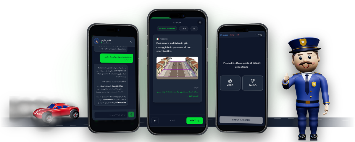 اپلیکیشن Driving Freedom برای آزمون تئوری Patente B روی سه آیفون: درس صوتی با قانون ایتالیایی و ترجمه‌ی فارسی آن، شبیه‌ساز آزمون با یک سوال Vero/Falso، و افسر مارکو، معلم هوش مصنوعی