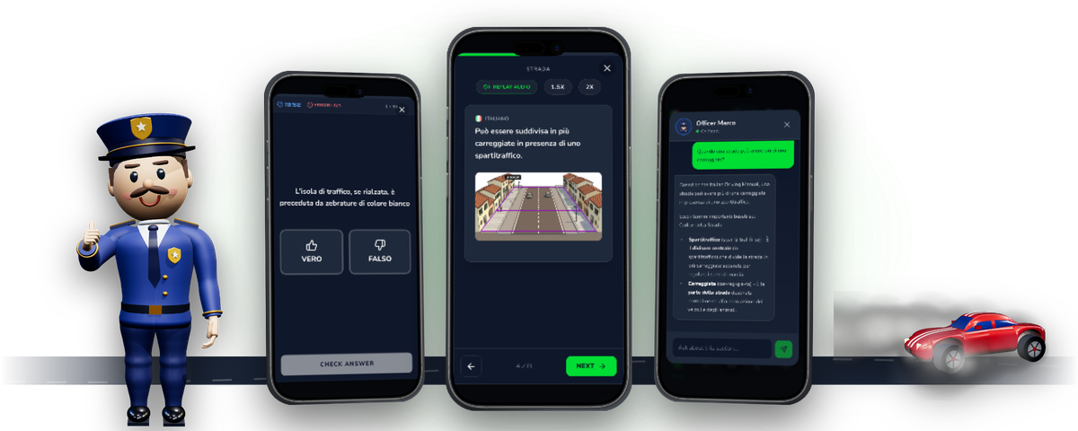 L'app Driving Freedom per l'esame di teoria della Patente B su tre iPhone: una lezione audio con la regola e uno schema stradale, il simulatore d'esame con una domanda Vero/Falso e Officer Marco, il tutor AI
