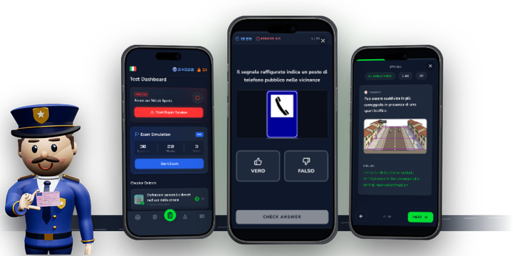Practise Patente B quiz questions in the Driving Freedom app: the exam simulator, the quiz dashboard with chapter quizzes and weak-spot practice, and an audio lesson in English