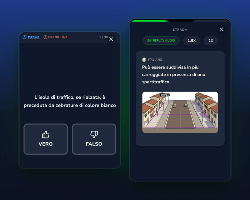 Due schermate di Driving Freedom: un quiz d'esame vero/falso e una lezione con una frase in italiano e un'immagine stradale