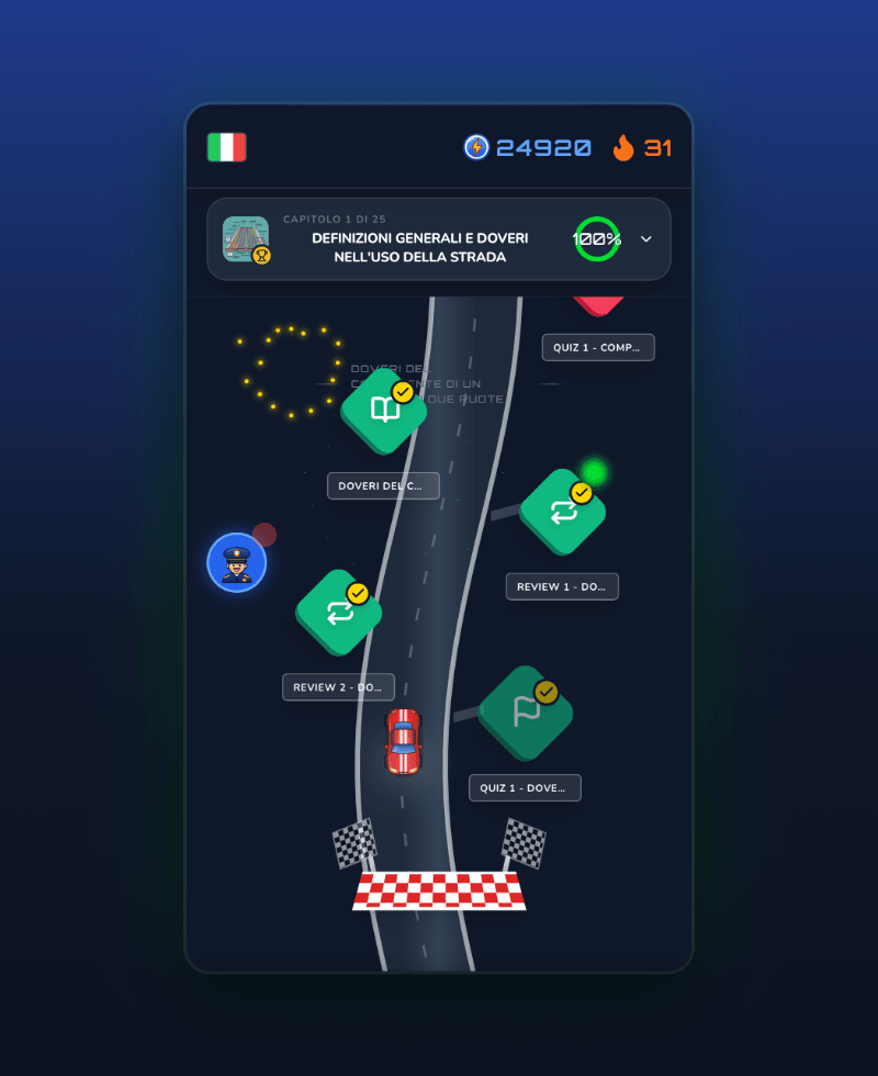 Percorso di studio di Driving Freedom: i capitoli disposti come una strada di lezioni, ripassi e quiz